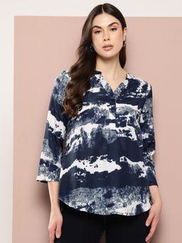 Qurvii - Blue and White Marble Half-Placket Mandarin Collar Shirt