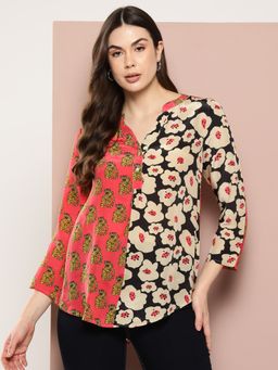 Qurvii - Beige and Pink Floral Print Half-Placket Mandarin Collar Shirt