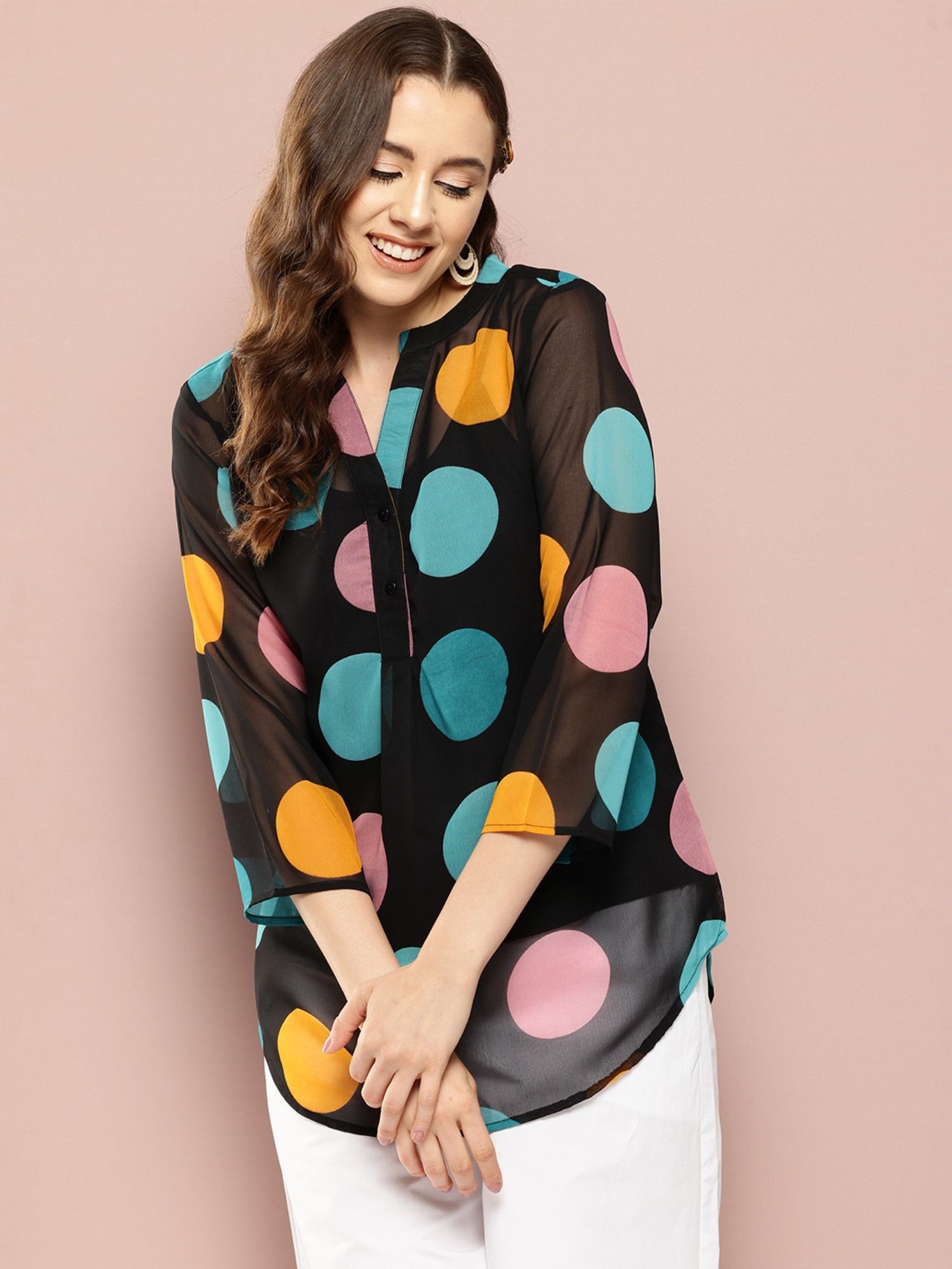 qurvii Multi Big Polka Georgette Half Placket Mandarin Collar Shirt-picture-30