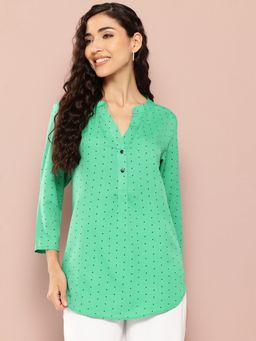 Qurvii - Green and Black Polka Half Placket Mandarin Collar Shirt