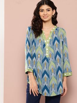Qurvii - Multi Colour Geometric Print Crepe Shirt