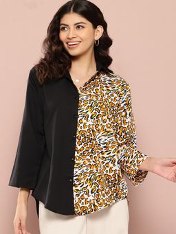 Qurvii - Black and Mustard Colorblock with 3/4 Sleeves Shirt
