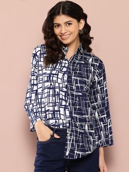 Qurvii - Navy Blue and White Geometric Colorblock Shirt.