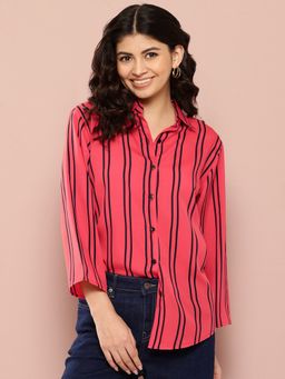 Qurvii - Rust and Navy Blue Stripes with 3/4 Sleeves Shirt