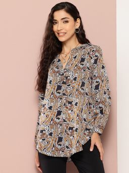 Qurvii - Black Printed Features A Half Placket and Mandarin Collar Shirt