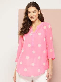 Qurvii - Pink and White Big Polka Half Placket Mandarin Collar Shirt