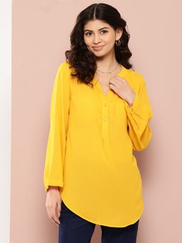 Qurvii - Solid Yellow Half-Placket Mandarin Collar Shirt
