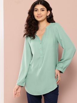 Qurvii - Solid Mint Green Half-Placket Mandarin Collar Shirt