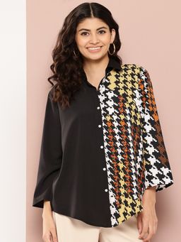Qurvii - Black and Multi Colorblock with 3/4 Sleeves Shirt