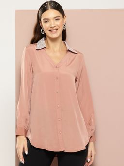Qurvii - Caramel French Crepe Sequins Collar Shirt