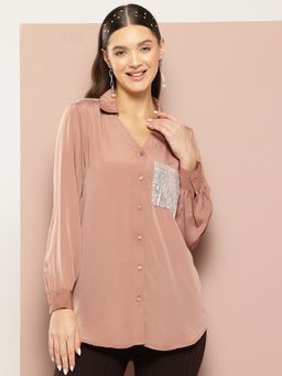 Qurvii - Caramel Silk Crepe Sequins Embellished Shirt