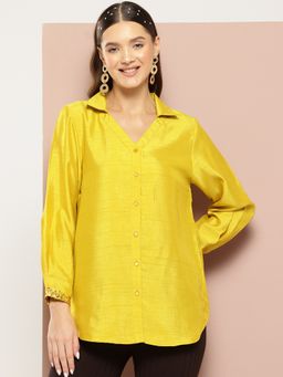 Qurvii - Yellow Silk Embellished with Sequins Cuff Shirt