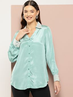 Qurvii - Sea Green Silk Crepe Party Shirt
