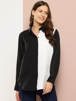 Qurvii - Black and White Color Blocking Full Placket Shirt