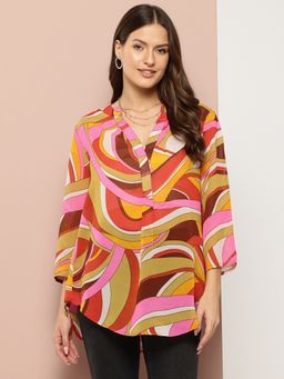 Qurvii - Multi Abstract Print Half Placket Mandarin Collar Shirt