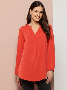 Qurvii - Rust Half Placket Mandarin Collar Shirt