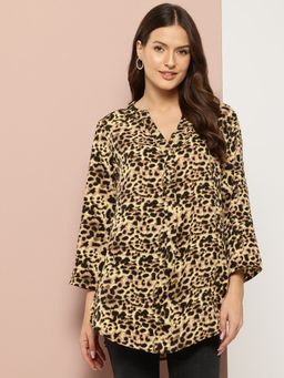 Qurvii - Black and Yellow Leopard Print Half Placket Mandarin Collar Shirt