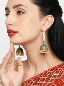 OOMPH - Jewellery Green Meenakari & Pearls Large Jhumka Earrings