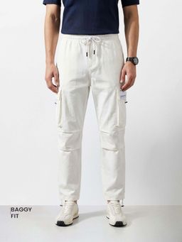 The Indian Garage Co - White Solid/Plain Mid Waist Cargo Pant