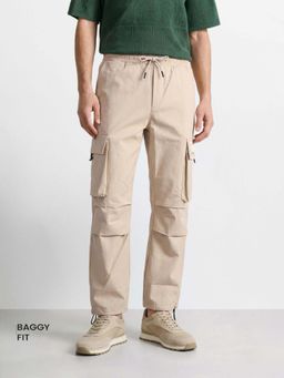 The Indian Garage Co - Beige Solid/Plain Mid Waist Cargo Pant