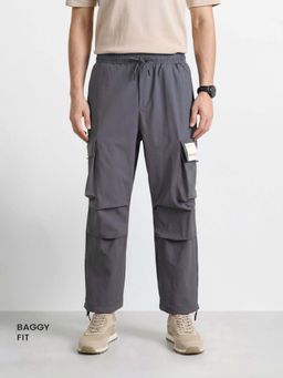 The Indian Garage Co - Grey Solid/Plain Mid Waist Cargo Pant