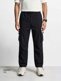 The Indian Garage Co - Black Solid/Plain Mid Waist Cargo Pant