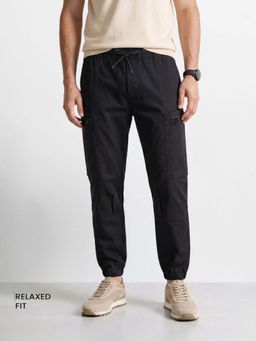 The Indian Garage Co - Black Solid/Plain Mid Waist Joggers