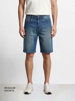 The Indian Garage Co - Blue Solid/Plain Mid Waist Shorts