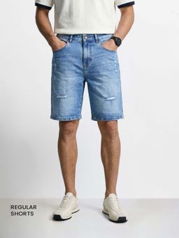 The Indian Garage Co - Blue Solid/Plain Mid Waist Shorts