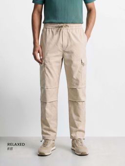 The Indian Garage Co - Beige Solid/Plain Mid Waist Cargo Pant