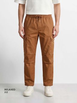 The Indian Garage Co - Brown Solid/Plain Mid Waist Cargo Pant