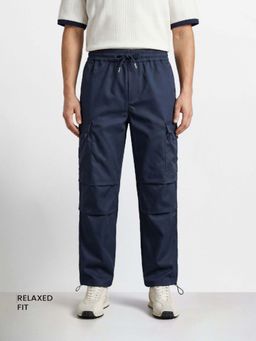 The Indian Garage Co - Blue Solid/Plain Mid Waist Cargo Pant