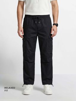 The Indian Garage Co - Black Solid/Plain Mid Waist Cargo Pant