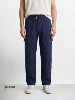 The Indian Garage Co - Blue Solid/Plain Mid Waist Cargo Pant