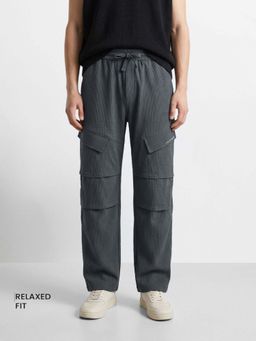The Indian Garage Co - Grey Solid/Plain Mid Waist Cargo Pant