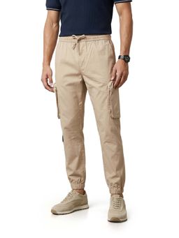 The Indian Garage Co - Beige Solid/Plain Mid Waist Joggers
