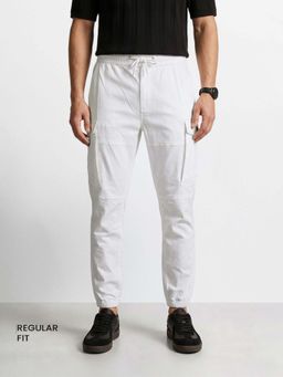 The Indian Garage Co - White Solid/Plain Mid Waist Joggers