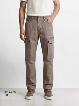 The Indian Garage Co - Grey Solid/Plain Mid Waist Cargo Pant
