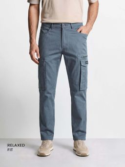 The Indian Garage Co - Blue Solid/Plain Mid Waist Cargo Pant
