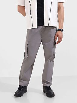 The Indian Garage Co - Grey Solid/Plain Mid Waist Cargo Pant