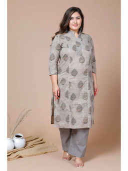 Doriyaan - Women Plus Size Floral Printed Straight Cotton Beige Kurta with Palazzo