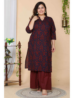 Doriyaan - Womens Plus Size Maroon Cotton Floral Printed Straight Kurta Sharara