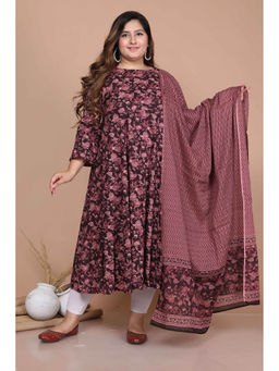 Doriyaan - Women Floral Printed Bell Sleeve Maroon Anarkali Kurta with Dupatta