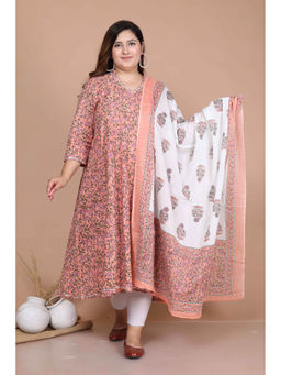 Doriyaan - Womens Orange Colored Partywear Floral Printed Cotton Kurta Dupatta Set