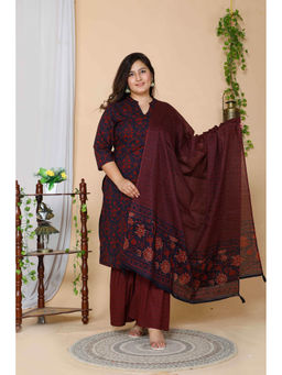 Doriyaan - Womens Plus Size Maroon Cotton Floral Straight Kurta Sharara Dupatta