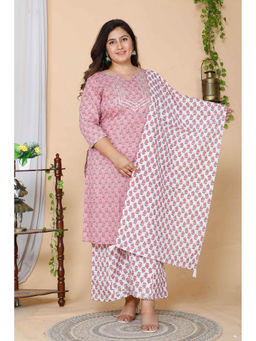 Doriyaan - Womens Plus Size Pink Floral Printed Cotton Kurta Palazzo with Dupatta