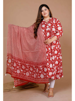 Doriyaan - Womens Plus Size Red Floral Gotta Patti Anarkali Kurta Dupatta