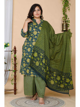 Doriyaan - Womens Green Cotton Floral Printed Kurta with Sharara and Dupatta