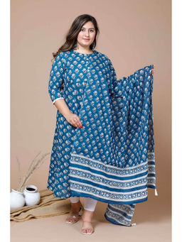 Doriyaan - Womens Plus Size Blue Printed Anarkali Kurta with Dupatta