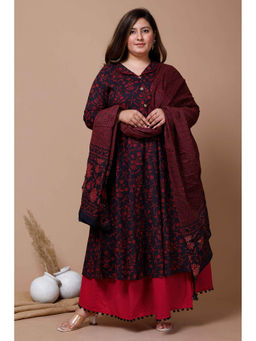 Doriyaan - Women Plus Size Cotton Floral Print Maroon Anarkali Kurta with Dupatta